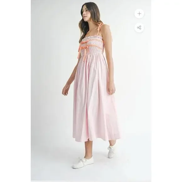 MABLE Lecia Smocked Midi Dress Pink Size Small Orange Tie Straps Smocked Summer - Picture 2 of 9